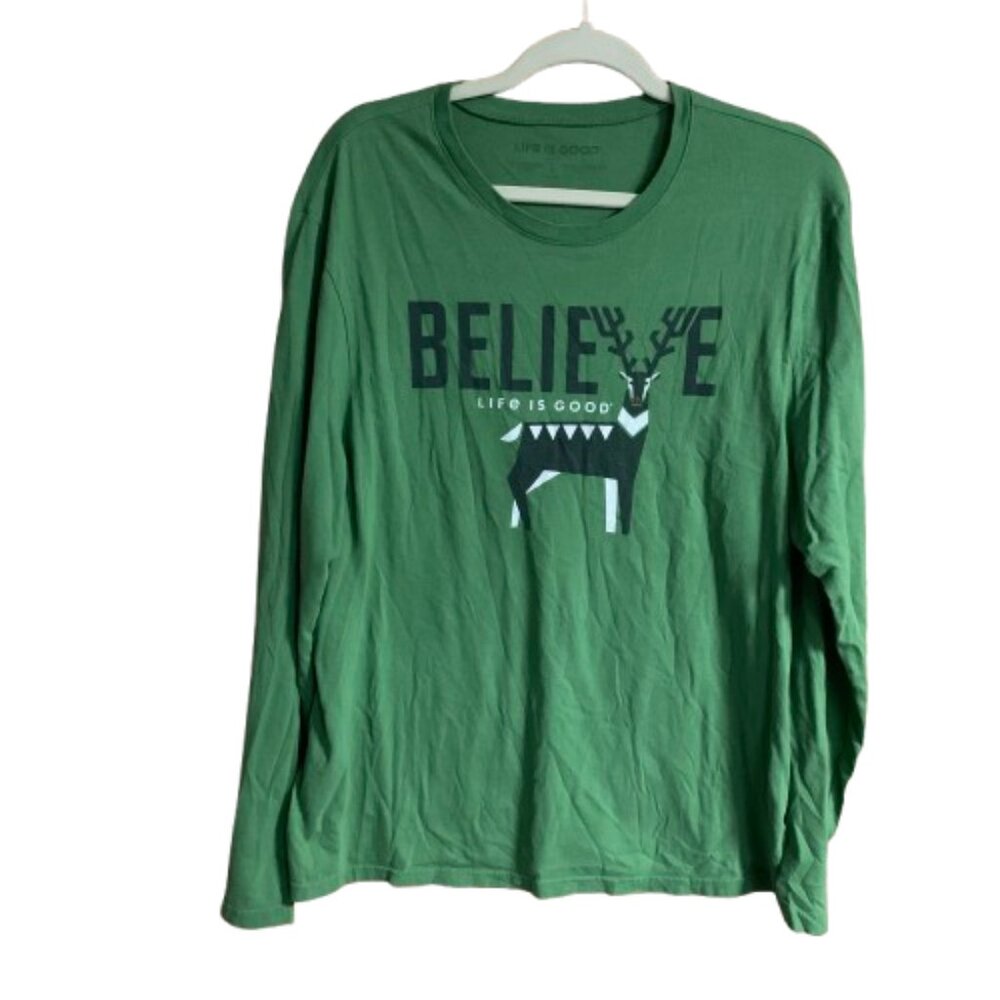 Life is Good Men's Long Sleeve Green Large Believe Reindeer Graphic T-Shirt GUC